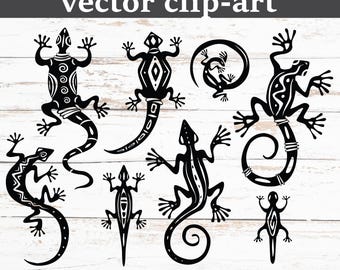 トカゲのクリップアート バンドル SVG PNG EPS | カラーと白黒のシルエット | Cricut と Silhouette 用のヤモリのベクター カット ファイル