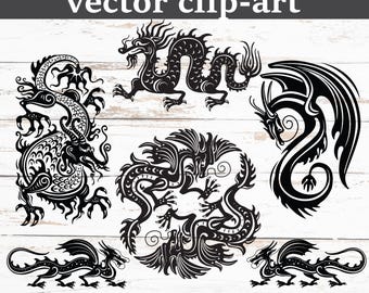 Chinese Dragon Clipart Bundle SVG PNG EPS | Gold and Black Designs | Traditional Chinese Art Digital Files for Cricut and Silhouette