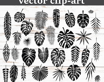 Tropiska löv Clipart Bundle SVG PNG EPS | Färg och svartvita silhuetter | Djungelblad digitala filer