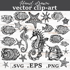 Sea life Clipart Bundle SVG PNG EPS | Fishes, Seahorses, Sea stars| Underwater Marine Sea Animals