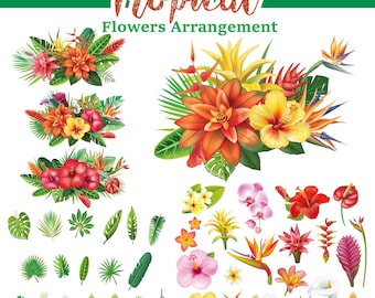Clipart de arreglos florales tropicales: elementos florales exóticos para invitaciones, impresiones y manualidades (EPS y PNG incluidos)