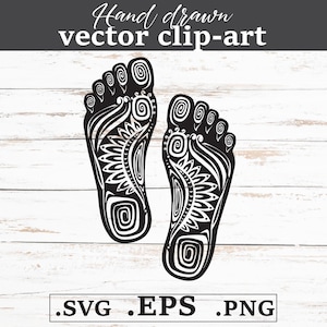 Puede incluir: Ilustración vectorial en blanco y negro de dos pies descalzos con intrincados patrones. Los pies están orientados hacia afuera y tienen un diseño detallado de espirales, líneas y puntos.