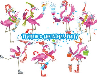 Flamingo Christmas Party Clipart | Tropical Holiday PNG & EPS Bundle | Funny Santa Flamingo Illustrations | Digital Download