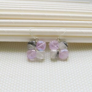 Cape Amethyst and Black Rutile Quartz 925 Silver Wire Earring, Gemstone and Silver Wire Earring , Geometric Earring, Geometric Jewelry