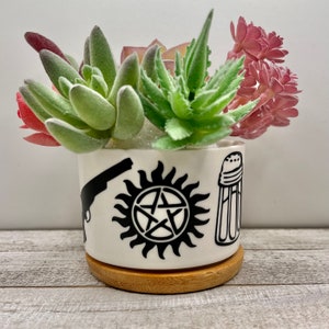 Supernatural Dean Sam Winchester Inspired / 3.15 inch Ceramic Succulent Flower Planter Pot with Bamboo Tray (Plant Not Included) (AJ)