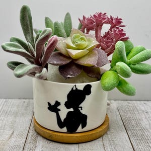 May include: A white ceramic planter with a silhouette of a woman and a bird on it. The planter is filled with a variety of succulents, including green, pink, and purple varieties.