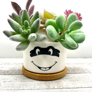 May include: A white ceramic succulent planter with a black and white cartoon ninja turtle face. The planter has a bamboo base and is filled with green and purple succulents.