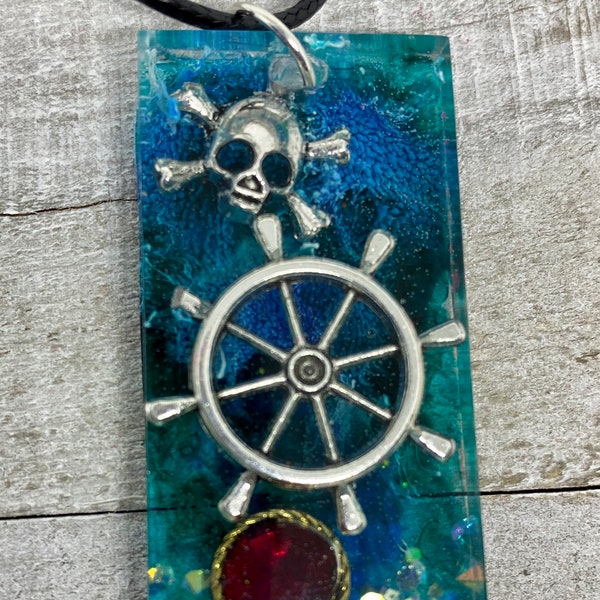 Pirates of the Caribbean Inspired / Jack Sparrow / Barbosa / Blue Teal Resin Ink Charm Necklace (AJ)