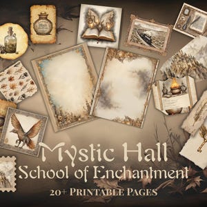 Pode incluir: Uma coleção de páginas imprimíveis em estilo vintage com um tema místico. A imagem apresenta várias ilustrações, incluindo um corvo, um frasco de poção, um livro aberto e uma pintura de paisagem. O texto diz "Mystic Hall School of Enchantment" e "20+ Printable Pages."
