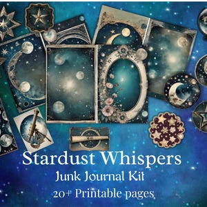 Stardust Whispers Celestial Junk Journal Kit – Efemere maan en sterren, afdrukbare pagina's vintage Galaxy, digitale collage sterrenkaart