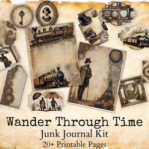 Wander Durch die Zeit Junk Journal Kit - Steampunk und Vintage Travel Printable Ephemera, Mechanische Journal Seiten, Kompass und Reisethema