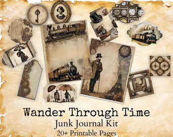 May include: A collection of vintage-style ephemera for junk journaling, featuring illustrations of trains, clocks, and people with umbrellas. The kit includes tags, frames, and decorative elements with the text "Wander Through Time Junk Journal Kit 20+ Printable Pages."