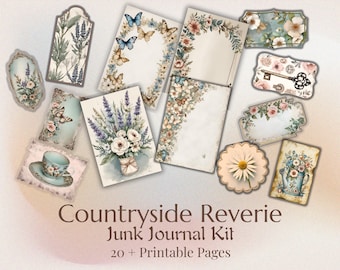 May include: A collection of printable junk journal pages with a vintage, floral theme. The designs include butterflies, lavender, roses, and teacups. The text reads "Countryside Reverie Junk Journal Kit" and "20+ Printable Pages".
