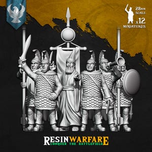 May include: A set of 12 grey 28mm scale resin miniatures depicting ancient soldiers in scale armour and crested helmets, accompanied by a central figure in robes holding a standard. The text RESINWARFARE CONQUER THE BATTLEFIELD is visible.