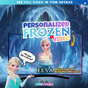 May include: Promotional image for a personalized Frozen video. The image features Elsa from the movie, a cake, and text that reads "Personalized Frozen Video." The background has an icy cave theme. The Funlivery logo is at the bottom.