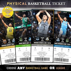 May include: A set of four rectangular physical basketball tickets featuring action shots of players in yellow, green, grey, and light blue jerseys. Each ticket displays team logos, game dates, venue locations, section, row, seat numbers, and barcodes.