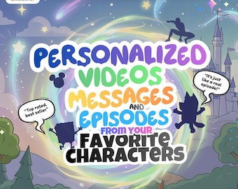 May include: A colorful graphic promoting personalized videos, messages, and episodes from favorite characters. The image features cartoon silhouettes, a castle, and text that reads "Personalized Videos Messages and Episodes From Your Favorite Characters". The word "Bestseller" is in the top left corner.