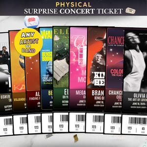 Pode incluir: Uma coleção de bilhetes físicos de concerto surpresa com vários designs de artistas, incluindo texto como PHYSICAL SURPRISE CONCERT TICKET, ANY ARTIST OR BAND e detalhes de eventos, com códigos de barras na parte inferior.