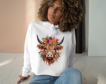 Highland Cow Hoodie Highland Cow Crop Hoodie Flowers Women's Hoodie Crop Top