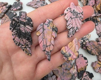 Carved Rhodonite Leaves: Jewelry Making Supplies, 10-15 Pieces (100g Lot)
