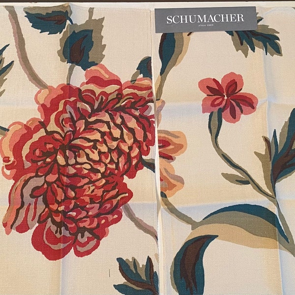 Set Of 2 Schumacher Sample Fabrics Avebury Floral Vine Rose Linen 17”x17” Surged