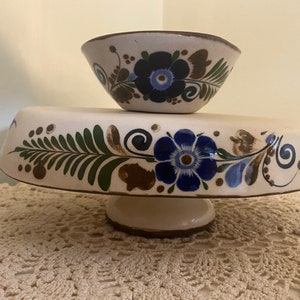 Tonala Pottery Mexico ROS Folk Art Flower Dip Salsa Guac Serving Dish & Bowl Vtg