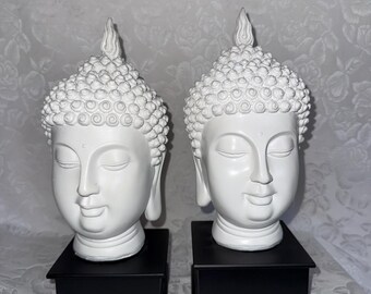 Pair Of Buddhas White Head Sculpture On Black Pedestal Zen Home Decor