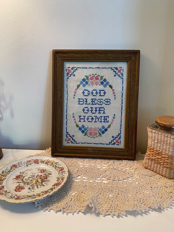 God Bless Our Home Cross Stitch Needlepoint Framed Vintage Etsy
