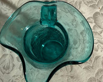 Vintage Aqua Turquoise Blue Hand Blown Blenko Crackle Glass 5” Pitcher EUC