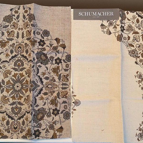 Lot Of 2 Schumacher Sample Fabric Mehndi Linen Print 17”x17” Surged Edge