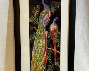 Vintage Framed Embroidery Needlepoint Peacocks 24”x 12”