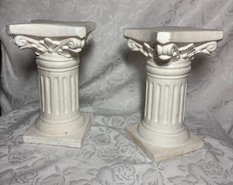 Pair (2) Roman Greek Column Plaster ~8” Statues Pedestals Plant Stands Figures