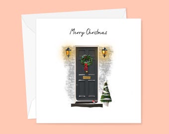 Cute Christmas Doorway - Traditional Christmas Greeting card - Christmas Wreath