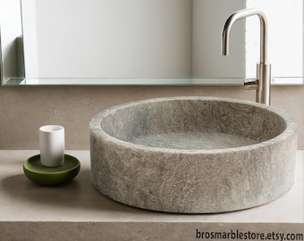 Handcrafted Travertine Vessel Sink: Round Stone Bathroom Basin