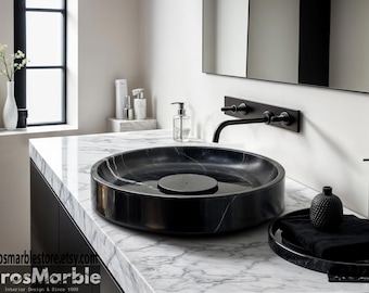 Lavandino da appoggio in marmo nero fatto a mano: lavabo moderno per bagno