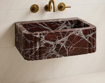 Handmade Rosso Marble Sink: Fluted Wall Mount Vanity Basin
