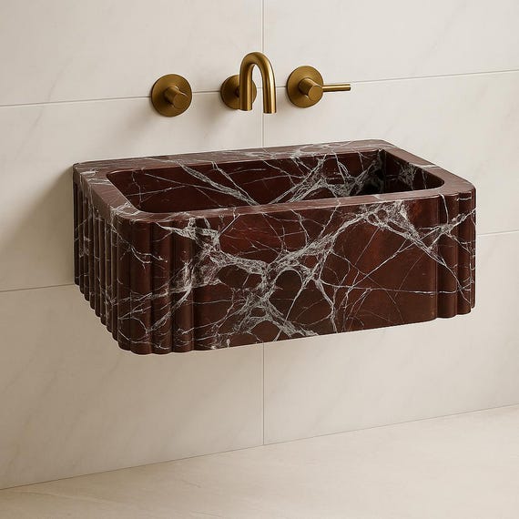 Handmade Rosso Marble Sink: Fluted Wall Mount Vanity Basin