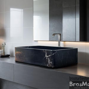 Black Large Marble Sink | Handcrafted Natural Marble Sink | Luxury Bathroom Vessel Basin | Unique Stone Vanity Sink | Modern Farmhouse Decor