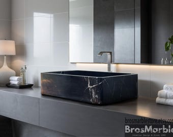 Handcrafted Black Marble Sink: Luxury Rectangular Bathroom Vessel