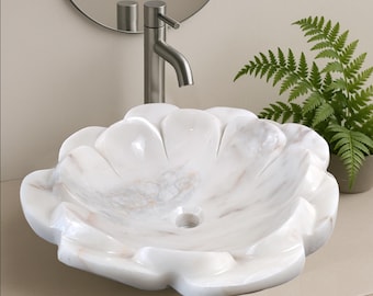 Handcrafted White Marble Flower Vessel Sink - Afyon Marble