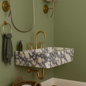 Pu&ograve; includere: Un lavandino in marmo con rubinetti dorati &egrave; montato su una parete verde. Uno specchio con cornice dorata e applique con paralumi bianchi sono sulla parete. Sono presenti anche un cestino di vimini e un anello portasciugamani.