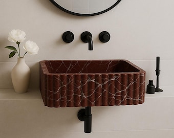 Lavandino in marmo Rosso Levanto fatto a mano: lavabo da bagno in pietra rossa italiana
