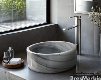 Handcrafted Gray Marmara Marble Sink: Cylindrical Vessel Basin