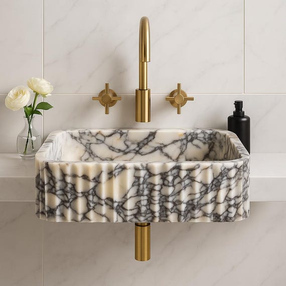 Calacatta Viola Marble Sink: Fluted Edge, Wall-Mounted Vanity