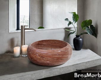 Lavabo de travertino rojo artesanal: un lavabo de baño de lujo