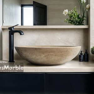 Handcrafted Travertine Marble Sink: Oval Bathroom Vessel Basin