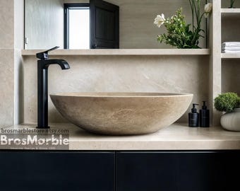 Handcrafted Travertine Marble Sink: Oval Bathroom Vessel Basin