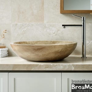 Handcrafted Light Travertine Vessel Sink: Round Stone Bathroom Basin