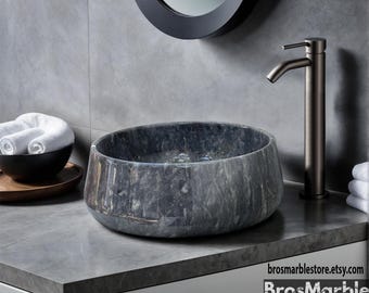 Lavandino in marmo blu King fatto a mano: moderno lavabo da appoggio per bagno