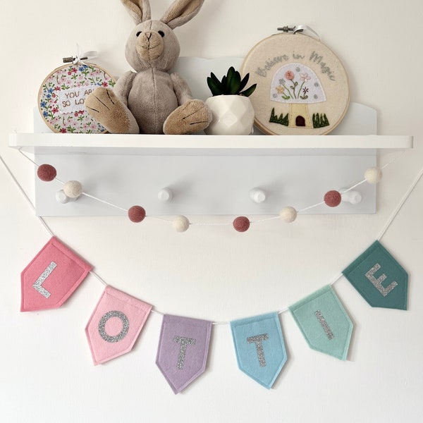 Personalised Custom Felt Glitter letters Bunting - Name Garland Bunting - Choose your flags - Kids room decor - Nursery, playroom, new baby
